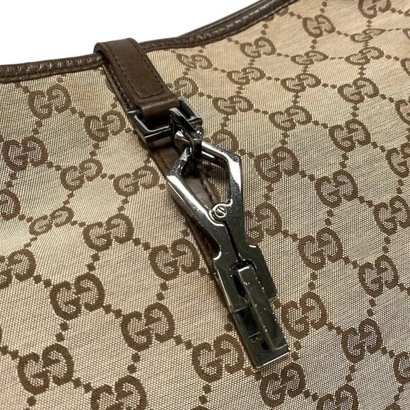 Auth GUCCI - 14057 Dark Brown Beige Jacquard Leather Handbag - Picture 12 of 16